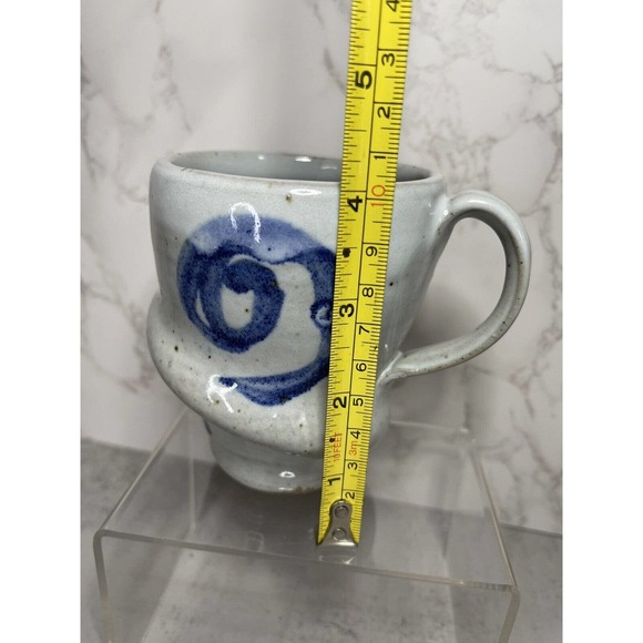 Vintage Blue Grey Salt Glazed Hand Thrown Art Pottery Mug Abstract Signed GR - Picture 9 of 10